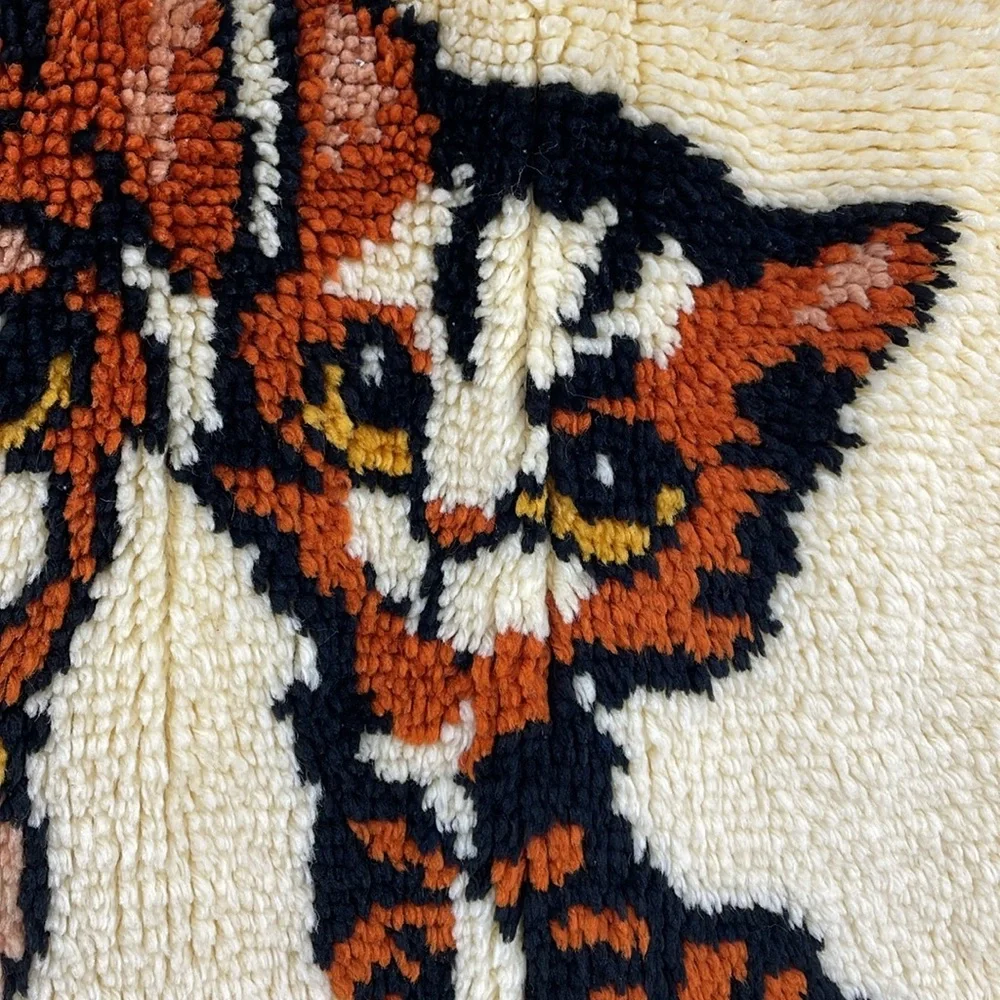 Vintage 70’s big eyes Dog Cat Latch Hook Rug Tapestry Wall Hanging Boho Kitsch